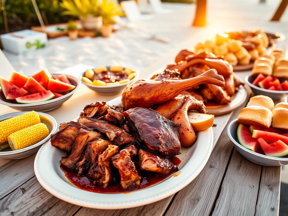 Coastal barbecue buffet at golden hour in Flagler Beach